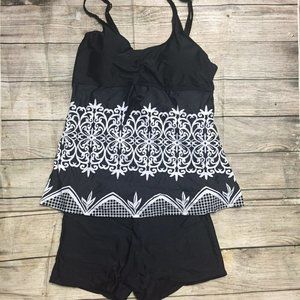 Tankini Two Piece Bathing Suit Padded Boy Shorts Womens -3XL  Black White